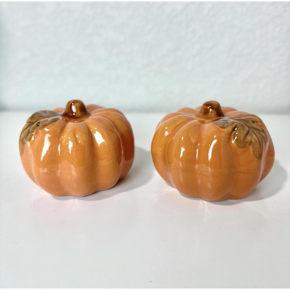 Set of 2 Orange Pumpkins Harvest Ceramic Fall Theme Decor 3" x 3" NEW